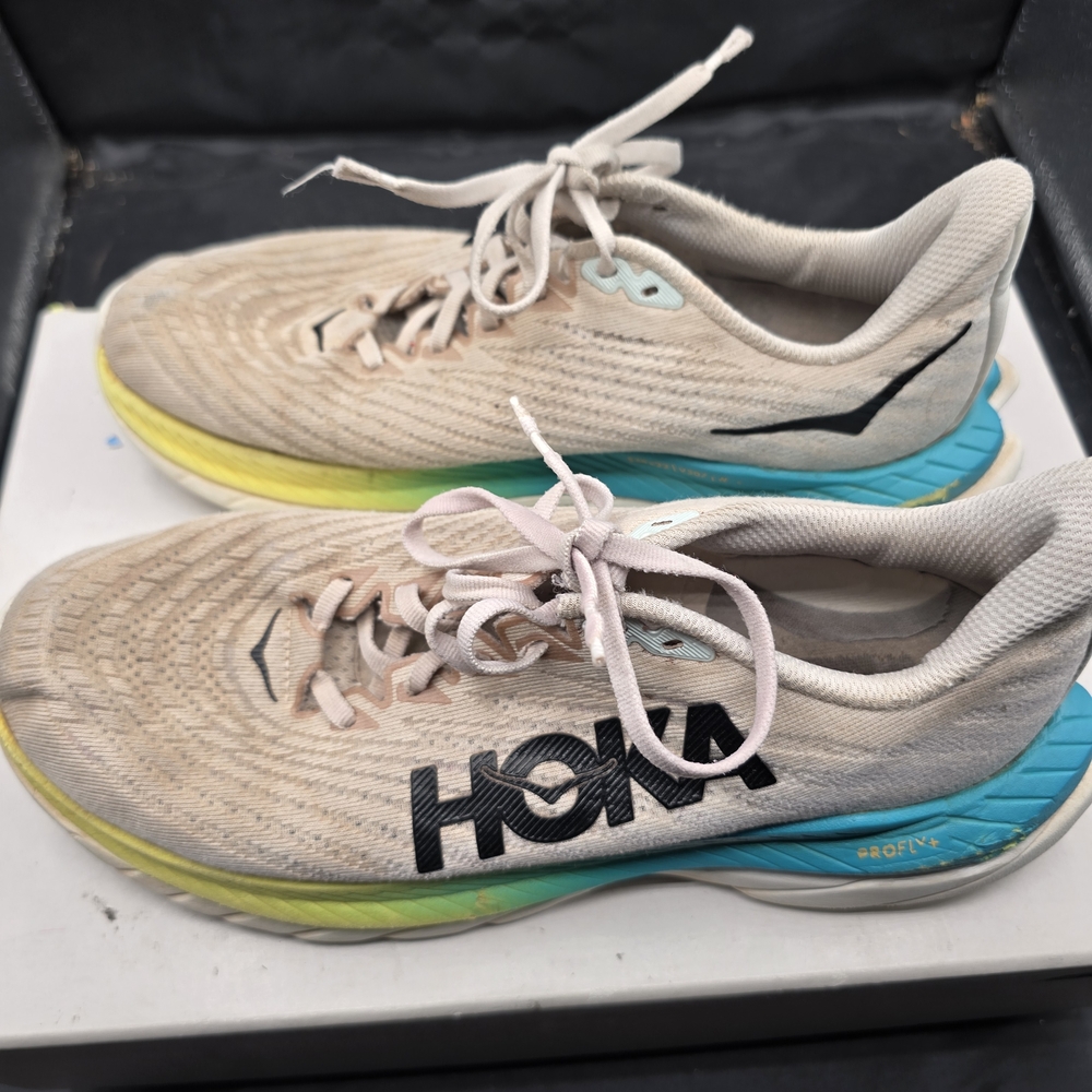 Hoka Beige Shoes with Yellow and Blue Gradient‎ Sole